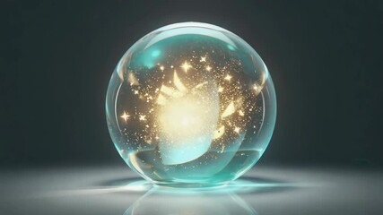 Glowing with golden energy and sparkling star dust, a glass sphere creates a magical and mystical atmosphere against a dark background, enhancing reflections and evoking wonder - Powered by Adobe