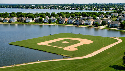 Le terrain de baseball pr&egrave;s du lac