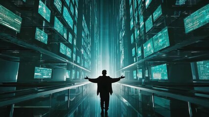 Businessman with open arms is walking in dark futuristic server room corridor with big screens showing data and information, concept of digitalization - Powered by Adobe