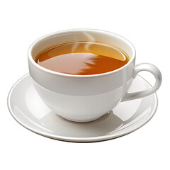 White ceramic cup with saucer filled with hot tea isolated on a plain white background scene