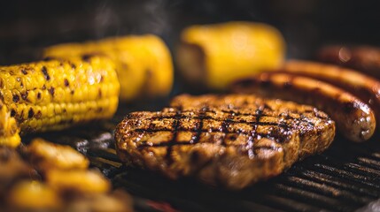 Sausages, corn on the cob, and steaks grilled outdoors in close-up, cooked over open fire with golden-brown texture, blurred background, soft focus, warm sunlight for inviting summer grilling.