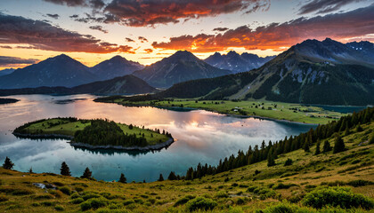 Fototapeta premium Paysage panoramique de montagne et de lac à l'aube