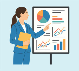 Businesswoman Giving Presentation with Data Charts and Graphs, Professional Office Setting, Flat Vector Illustration