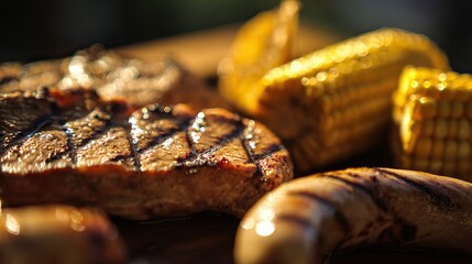 Sausages, corn on the cob, and steaks grilled outdoors in close-up, cooked over open fire with golden-brown texture, blurred background, soft focus, warm sunlight for inviting summer grilling.