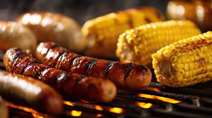 Sausages, corn on the cob, and steaks grilled outdoors in close-up, cooked over open fire with golden-brown texture, blurred background, soft focus, warm sunlight for inviting summer grilling.