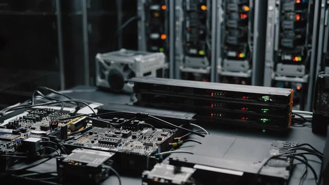 It engineer connecting wires to a motherboard, working diligently with various electronic components in a bustling server room of a modern data center
