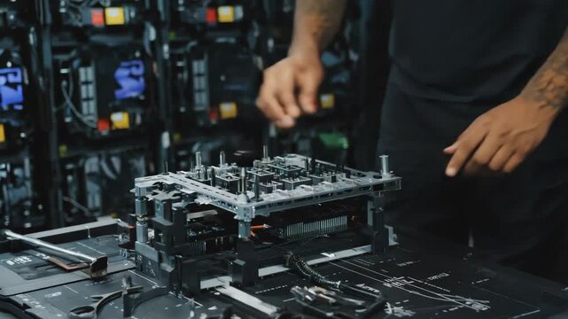 Electrical engineer is working on assembling a complex electronic device. Meticulously connecting components and ensuring proper functionality within a high-tech workshop or laboratory environment