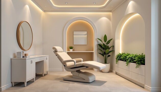 Modern treatment room with reclining chair, soothing lighting, built-in greenery, and clean architectural curves for a serene wellness experience.
