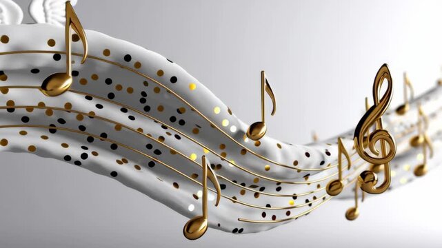 Flowing musical notes in gold and black colors gracefully dance across a white background, creating a harmonious visual representation of sound and rhythm, perfect for music-themed designs and creativ