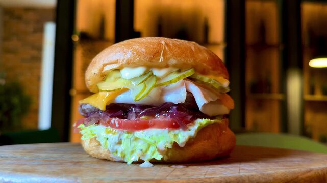 A juicy and tasty hamburger spins around in a fast food restaurant