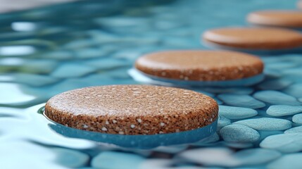 Smooth, light brown stones float on rippling teal water, amongst smaller stones