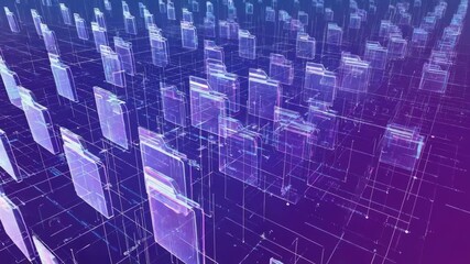 Glowing digital file folders float in cyberspace, interconnected by a network of lines, representing abstract data storage and cloud computing - Powered by Adobe