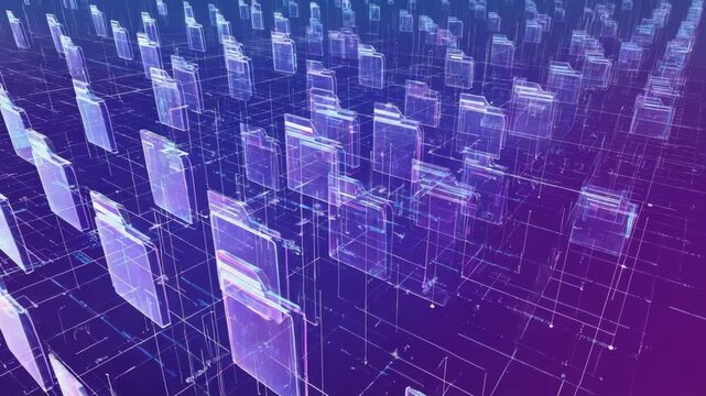 Glowing digital file folders float in cyberspace, interconnected by a network of lines, representing abstract data storage and cloud computing