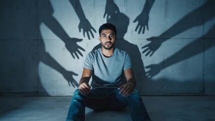 Dramatic portrait of a stressed young man sitting on the floor against a wall with multiple shadow hands reaching out to grab him, depicting social pressure, anxiety and mental health issues