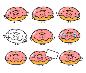 Adorable cartoon donuts showcasing a range of cute, happy, and expressive faces.
