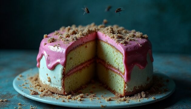 Moldy cake with rotting frosting and dripping sugar on broken plate in blue-toned decay still life