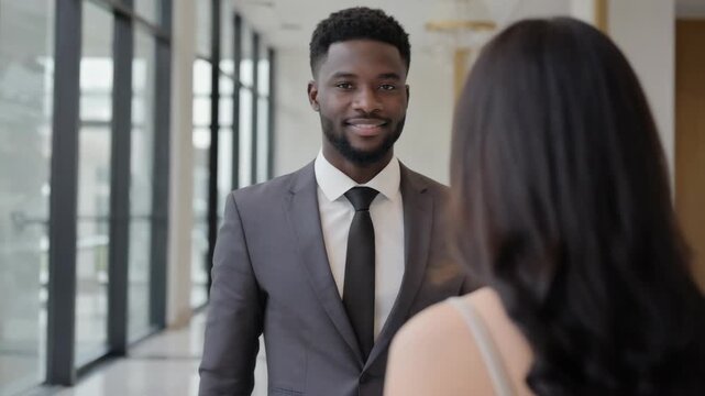 Professional real estate agent is handing over keys to a client, symbolizing a successful property transaction in a bright, modern office environment