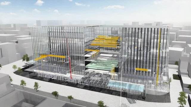 Architectural rendering of a modern glass skyscraper under construction, emphasizing structural details and urban integration while highlighting advanced technologies and sustainability