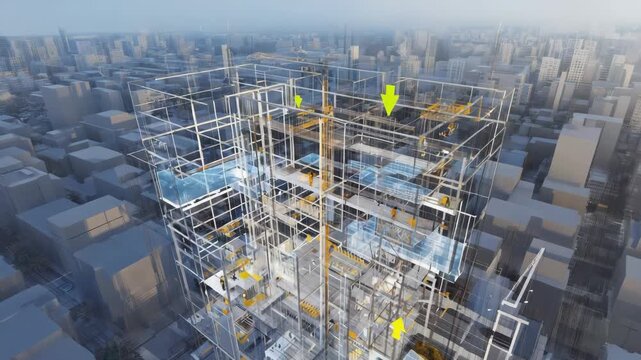 Visualization of building information modeling software analyzing transparent skyscraper with engineers and architects moving inside using augmented reality in modern smart city