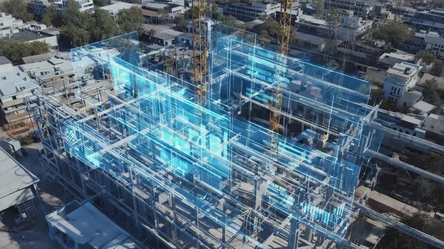Building information modeling system analyzing steel frame structure during construction, with a digital interface showing data and statistics in real-time