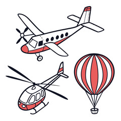Airplane helicopter hot air balloon icons travel transport