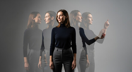 Multiple exposure, abstract portrait A young woman interaction with her digital twin