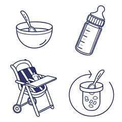 Baby feeding essentials bowl spoon bottle highchair sippy cup vector