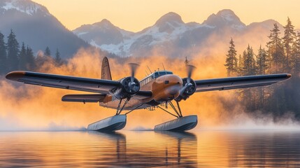 Vintage seaplane at dawn, misty mountains