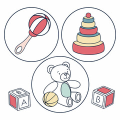 Baby toys collection teddy bear rattle stacking tower blocks vector