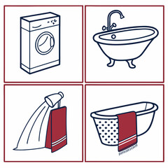 Bathroom icons washing machine bathtub shower towel vector