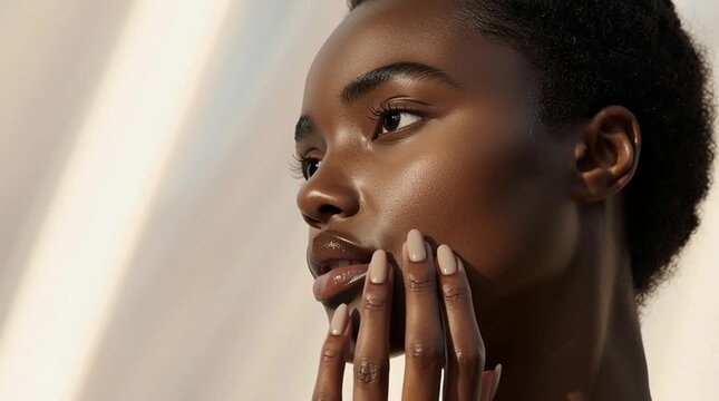 Elegant banner of a model applying a skincare product for problematic skin. Soft, minimalistic background emphasizes sophistication, soothing effect, and premium, high-quality presentation.