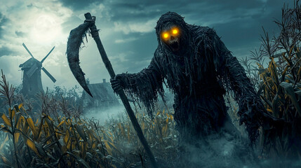 Terrifying scarecrow with glowing eyes and scythe in haunted cornfield under full moon and stormy sky for dark horror Halloween concept