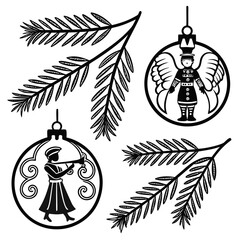 Black Christmas ornaments with angel and musician pine branches black and white