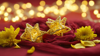 Golden star lanterns glowing against red silk, with scattered chrysanthemum petals for a festive touch.