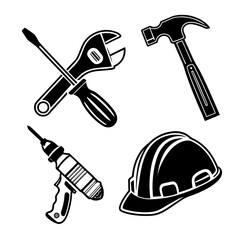 Black construction tools and hard hat icons hammer wrench