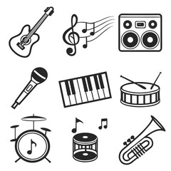 Black musical instruments and notes icons guitar treble clef