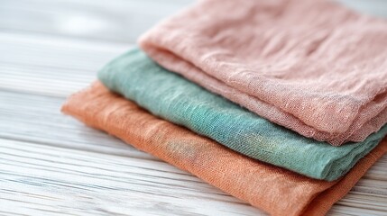 Close-up shots of different colored fabrics on a wooden table against a light wood background showcase high-quality materials and elegant designs with unique colors and textures.