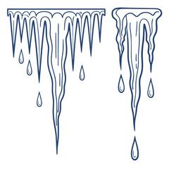 Blue icicles dripping water on white background frozen