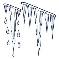 Blue outlined icicles with dripping water drops frozen