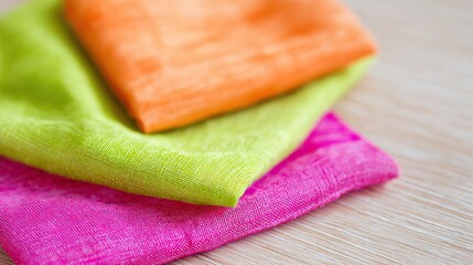 Close-up shots of different colored fabrics on a wooden table against a light wood background showcase high-quality materials and elegant designs with unique colors and textures.