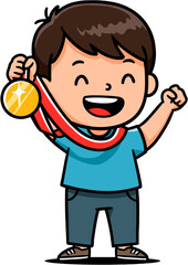 Obraz premium A happy child celebrating victory with a gold medal.
