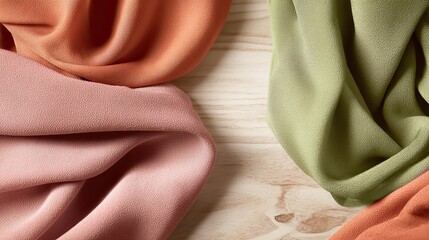 Close-up shots of different colored fabrics on a wooden table against a light wood background showcase high-quality materials and elegant designs with unique colors and textures.