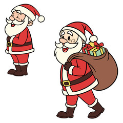 Cheerful Santa Claus figures with gifts and sack Christmas holiday
