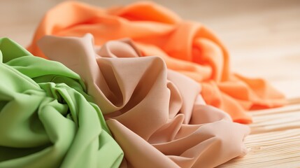 Close-up shots of different colored fabrics on a wooden table against a light wood background showcase high-quality materials and elegant designs with unique colors and textures.