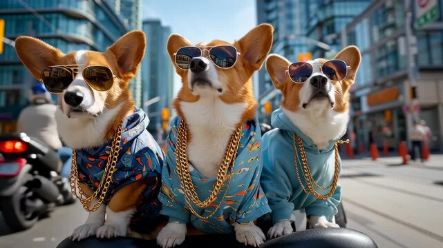 Three corgis in stylish outfits strike a pose with cool sunglasses on a city street.