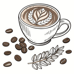 Coffee cup with latte art and scattered beans vector