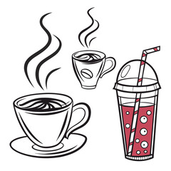 Coffee cups and iced drink with straw smoothie beverage