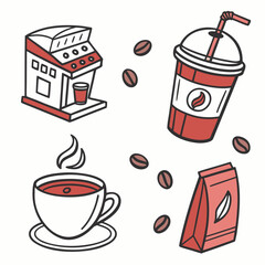 Coffee shop icons hot cold drinks and beans coffee machine coffee cup
