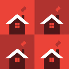 Cozy cabin with snow on roof and smoke from chimney house home