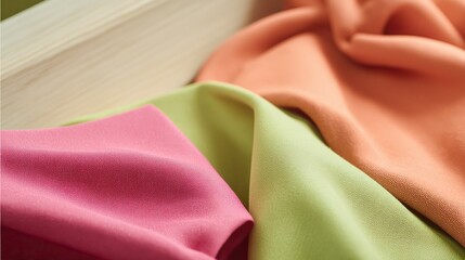 Close-up shots of different colored fabrics on a wooden table against a light wood background showcase high-quality materials and elegant designs with unique colors and textures.